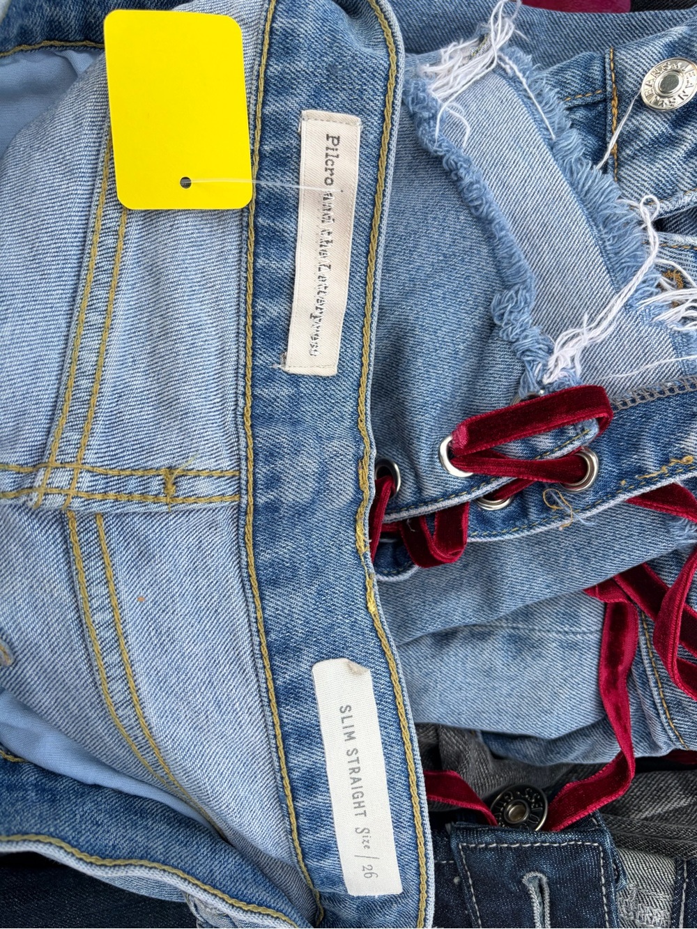 Pilcro Light Blue Denim Boyfriend Jeans with Red Velvet Lace-Up Side - Picture 2 of 7